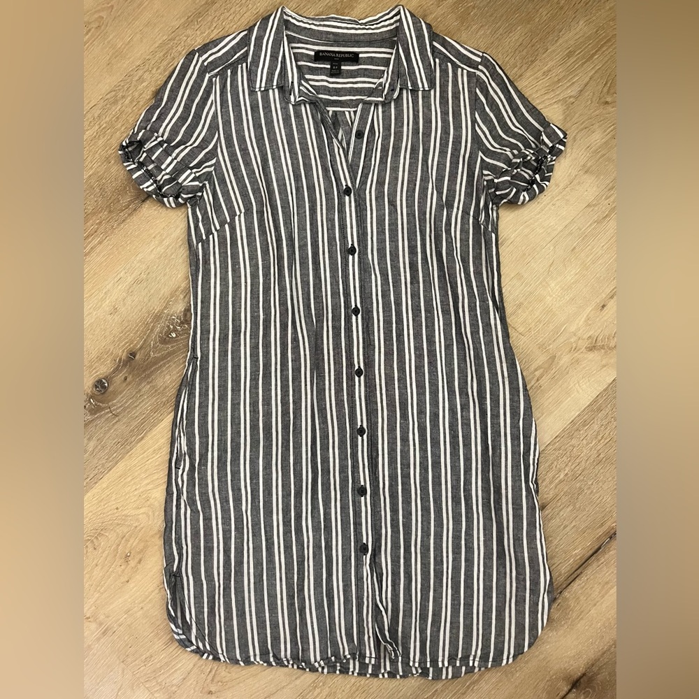 Banana Republic womens 0 Petite roll cuff SS button up linen collar shirt dress